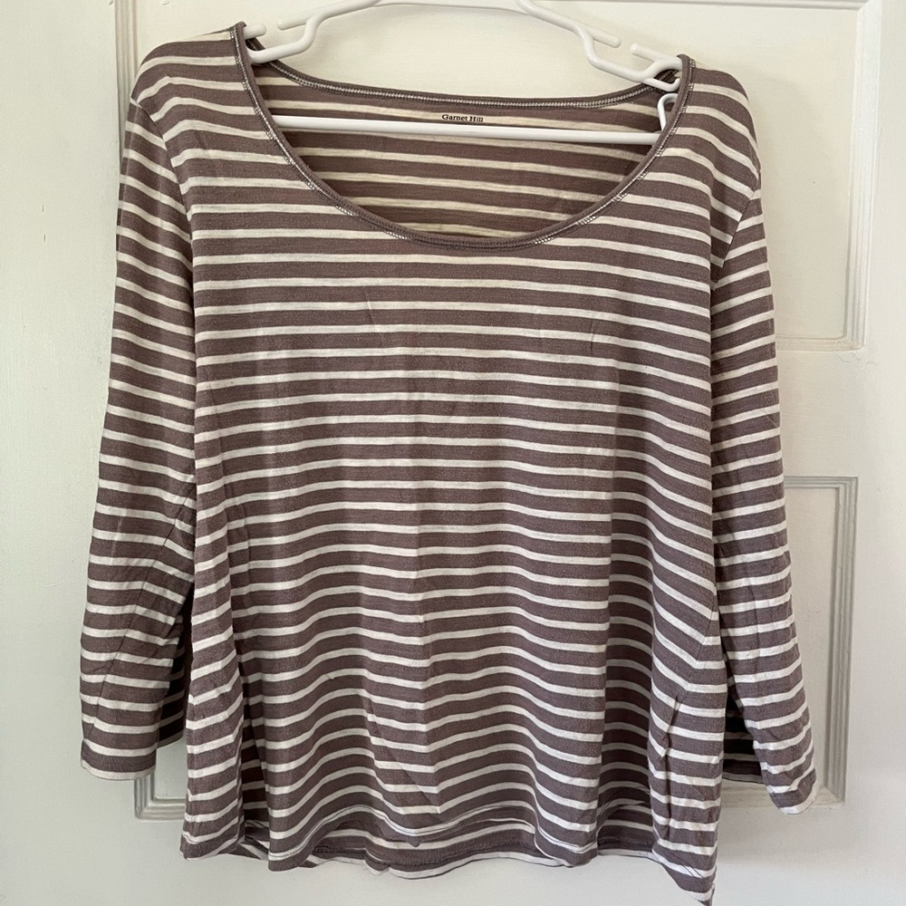 Garnet Hill Striped Grey and White 3/4-Length Sleeve Shirt